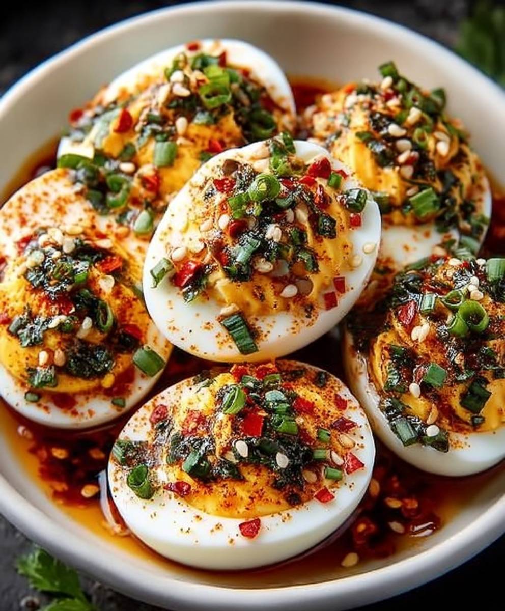 spicy chili garlic deviled eggs